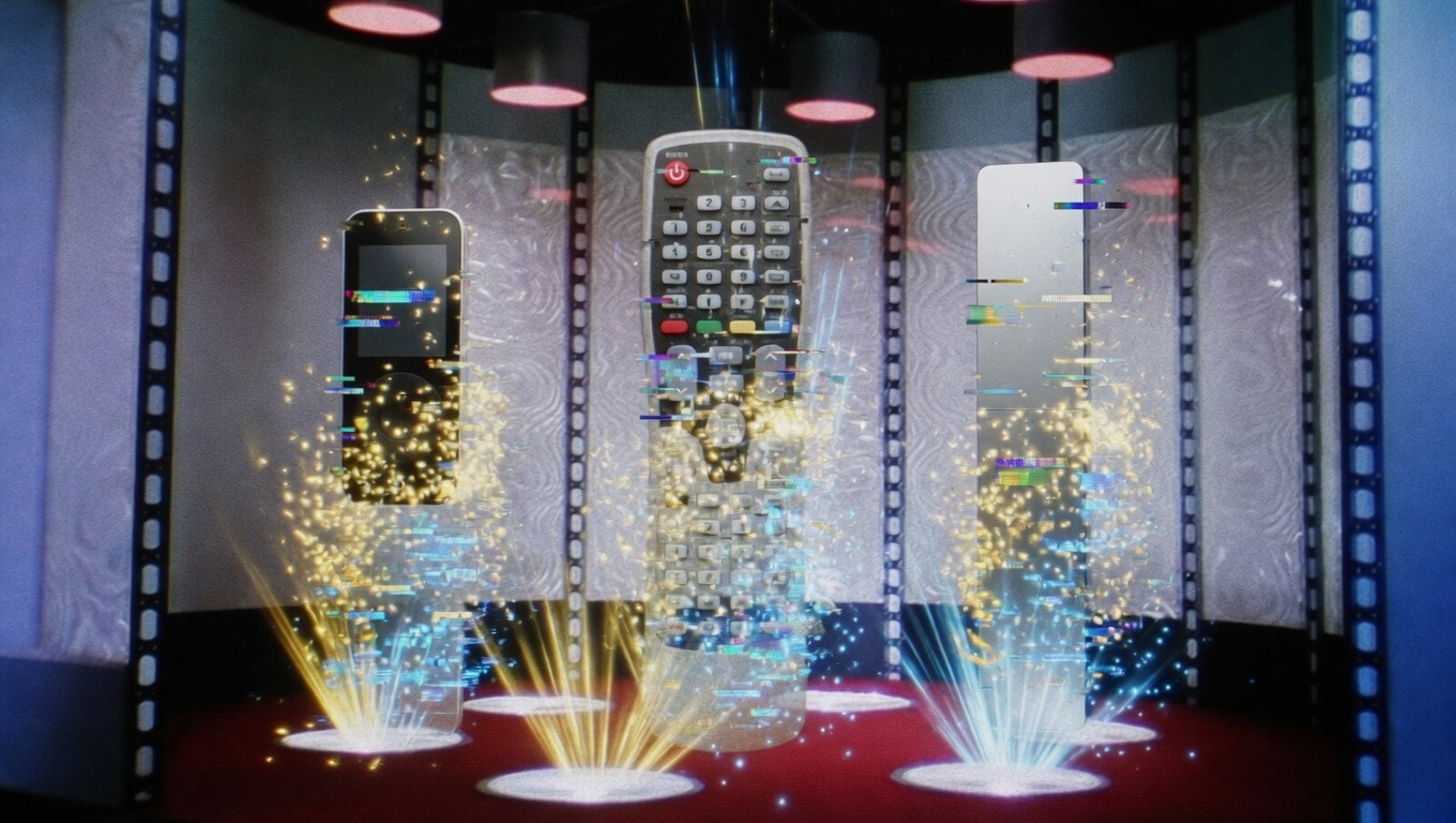 Custom TV remote app — three old physical TV remotes dissolving into the READYWARE app, replaced by one fully customizable custom remote layout