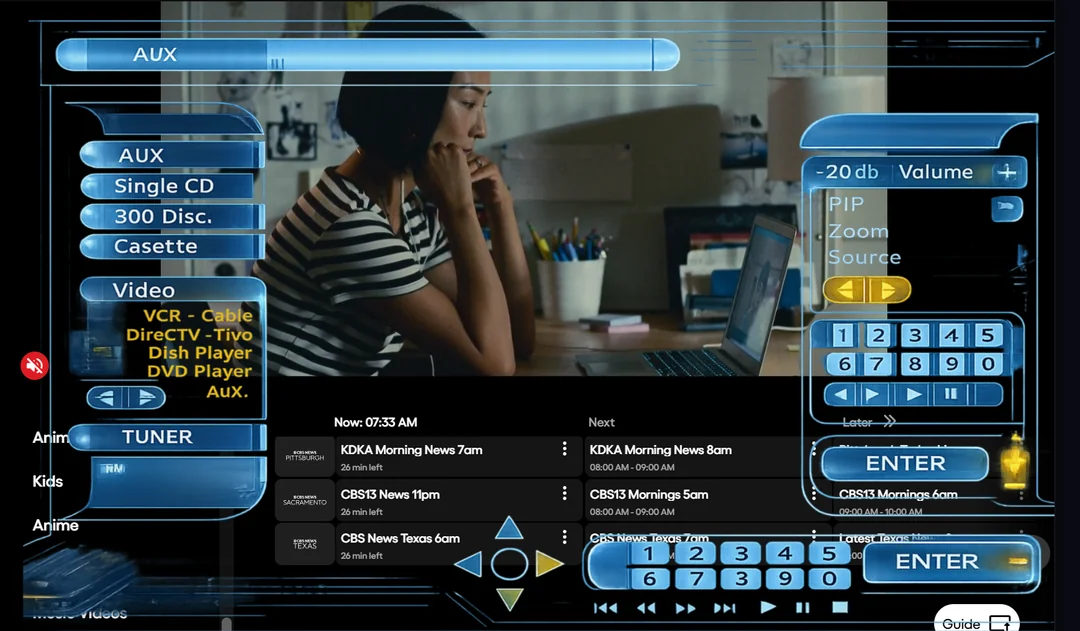 Fully customizable remote control app — a custom-built TV remote layout with custom buttons, custom panels, and live video, all designed by the user in READYWARE