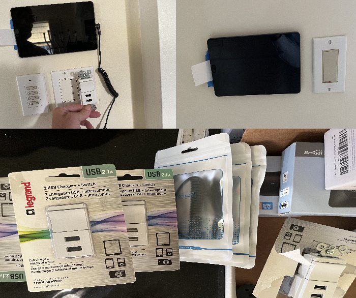 DIY magnetic tablet wall mount parts — neodymium magnets, steel adhesive mounting plates, Legrand USB charging wall switch, and the tablet mounted flat on the wall with a right-angle cable