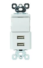 Legrand USB charging wall switch with two USB ports and a rocker switch — replaces a standard light switch to power a wall-mounted tablet